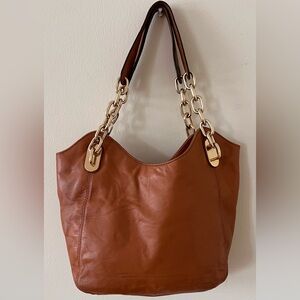 Michael Kors Brown Leather Shoulder Bag with Gold Chain